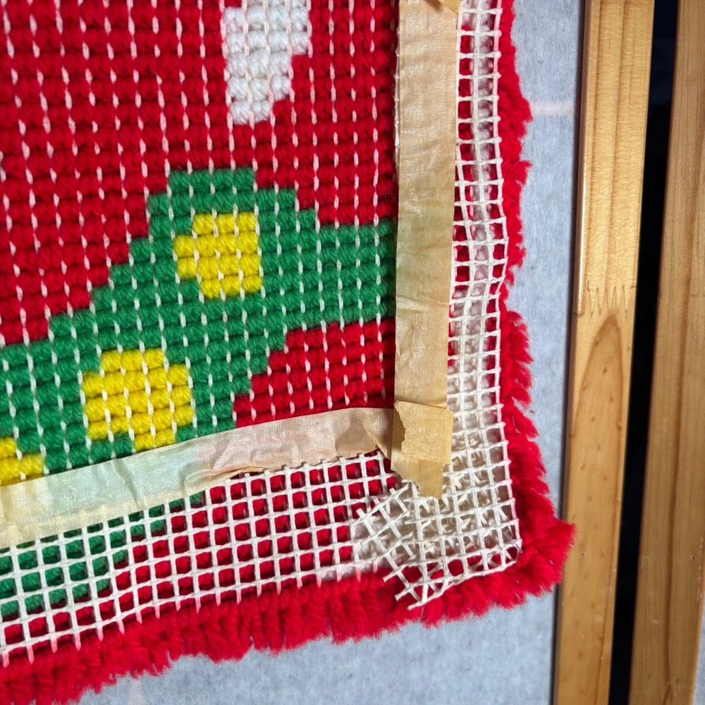 Vintage Latch Hook Wall Hanging Apple Worm‎ Green Red Yellow Kids Decor Pillow